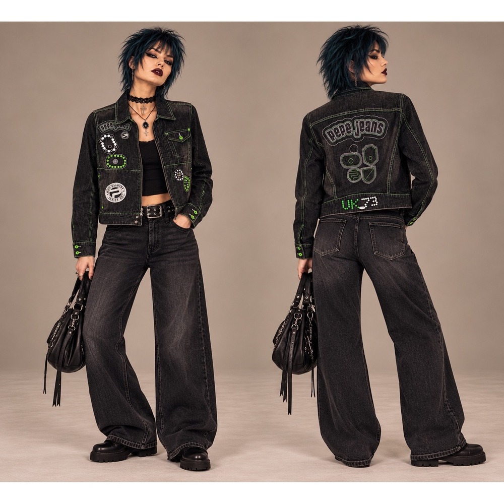 Pepe Jeans London M Black Denim Jacket Neon Green Stitching Y2K